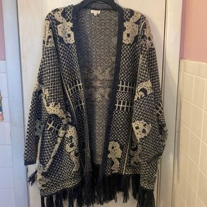 Wool Blend Oversized Fringed Cardigan Sweater Sz M